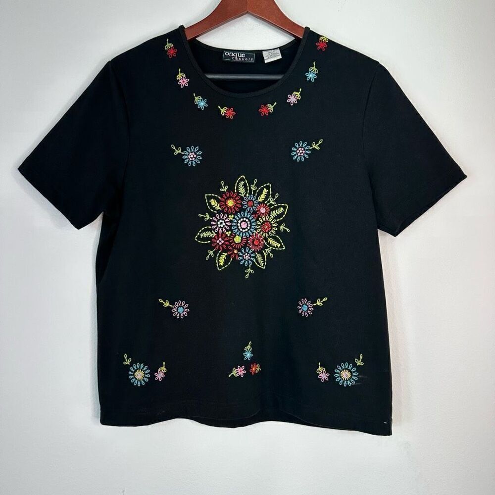 Vintage Onque Casuals Boho Floral Embroidered Black T-shirt Womens Large Hippie